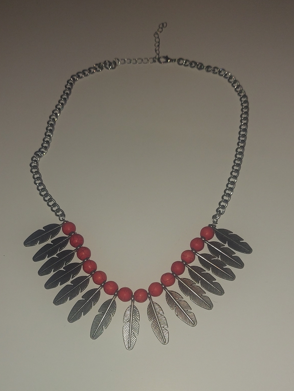 Silver Feather Necklace with Red Beads - Women Jewelry